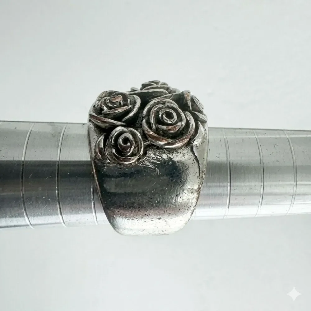 Vintage Sterling Silver Chunky Rose Statement Ring Size 7
